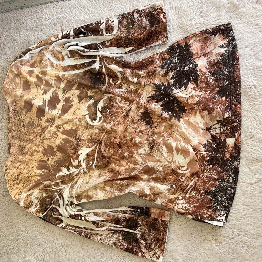 Indie Fairy Grunge Brown Leaf Print Long Sleeve V Neck Top Forestcore Babydoll - Picture 6 of 8